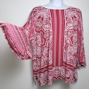 Susan Graver Liquid Knit Tunic Top Womens 3X Red White Paisley Stretch Blouse